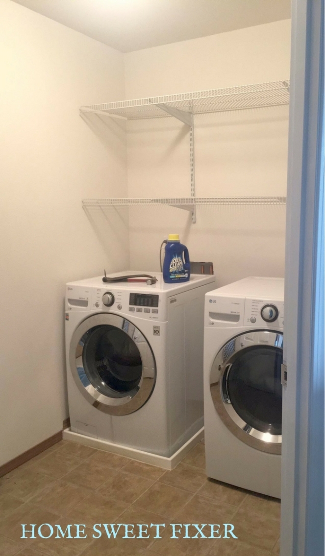 DIY Frmhouse Laundry Room Makeover-Wire Shelves with Before-HOME SWEET FIXER