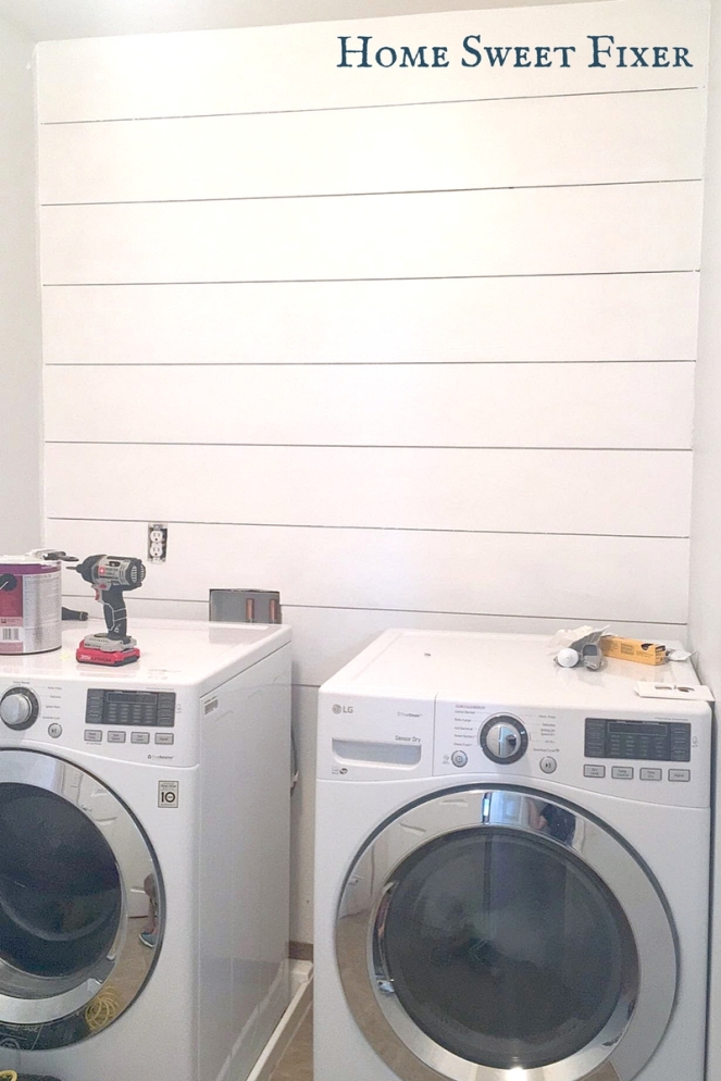 Installed White Shiplap Wall-Laundry Room Makeover-Home Sweet Fixer