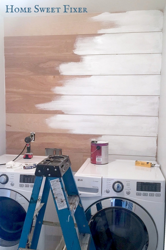 Painting Installed Faux Shiplap Wall Boards White-Home Sweet Fixer