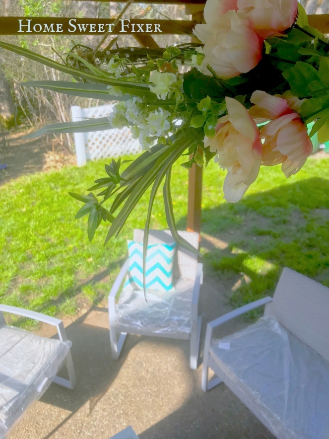 DIY Flower Wreath Outdoor Chandelier-Home Sweet FIxer Branded