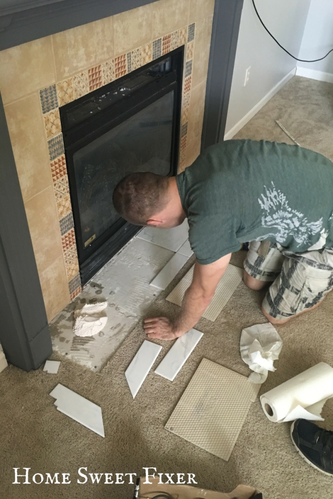 Dry Fitting New DIY Marble Tile Fireplace Surround-Home Sweet Fixer