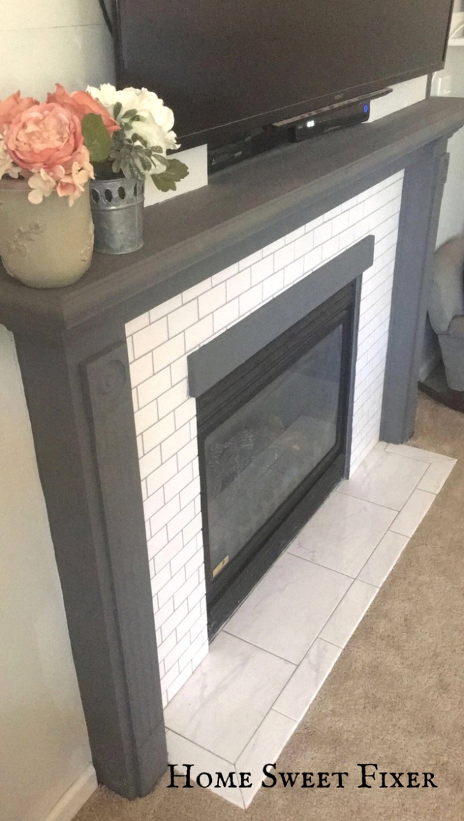 Finished White Shiplap &amp; Subway Tile Fireplace 6- Home Sweet Fixer