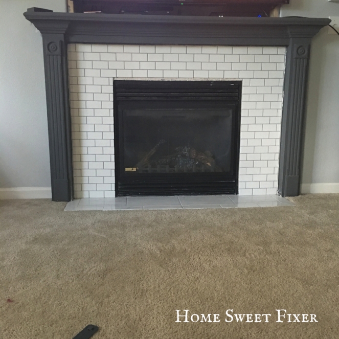 Newly Installed White Subway Tile and Marble Tile Fireplace Surround-Home Sweet Fixer