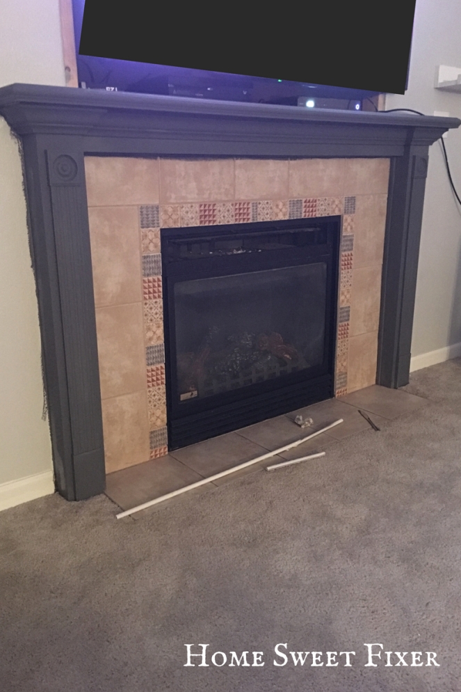 Tan Tile and Gray Chalk Paint Fireplace Mantle-Home Sweet Fixer