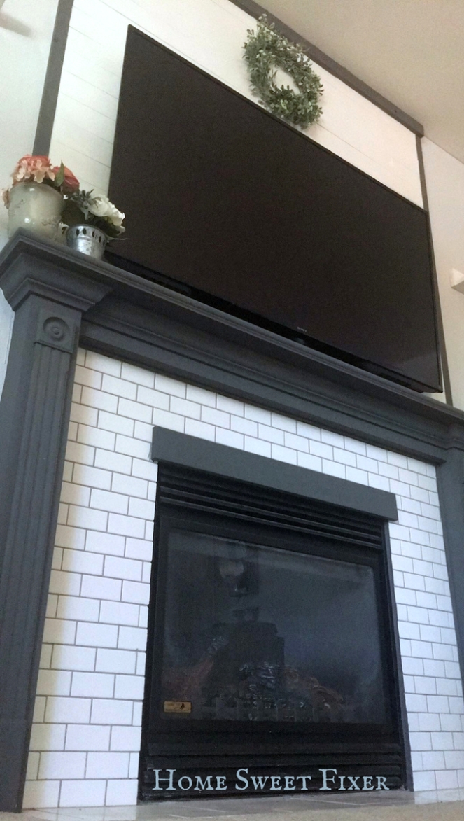 Finished White Shiplap &amp; Subway Tile Fireplace 1- Home Sweet Fixer