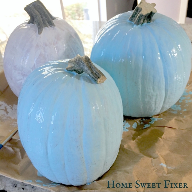 DIY Painted Turquoise Blue &amp; White Fall Pumkins-Home Sweet Fixer