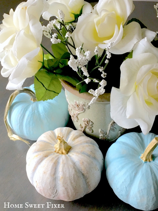 Turquoise Blue &amp; White DIY Painted Fall Pumpkins-Home Decor-Home Sweet Fixer
